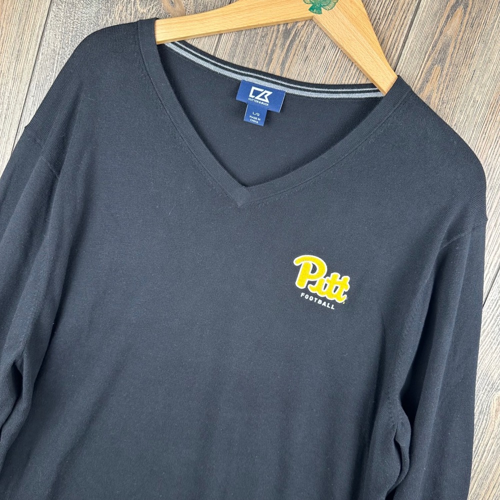 Cutter & Buck Pitt Football Men Large V-Neck Sweater Black Cotton Blend Pullover